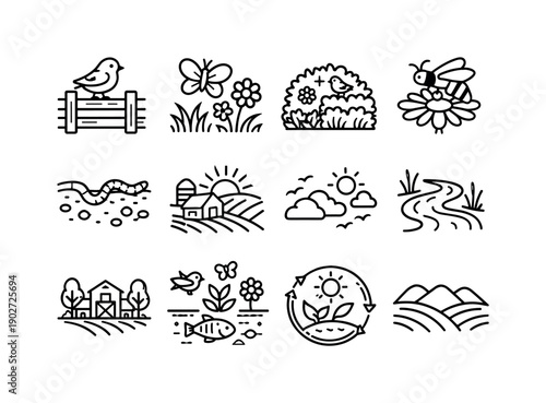 Eco Farm Environment. Line icon set of Eco Farm Environment: bird on fence, butterfly in field, hedgerow habitat, bee on flower, earthworm in