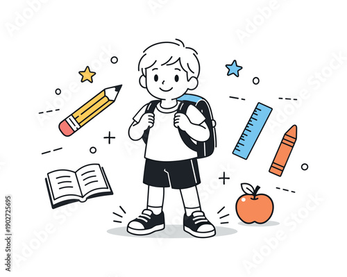 First day of school. A child standing confidently with a backpack, ready to leave for school. Positive anticipation mood with simple school