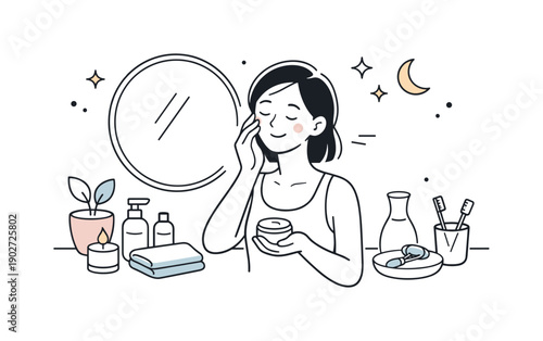 Evening self-care ritual. A person applying skincare or face cream in front of a mirror with a relaxed expression. Cozy, gentle atmosphere