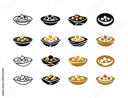 Gold seeker. Icon set. Set Logo of Gold seeker: gold pan with nuggets. harmonious logo variations of the same emblematic concept, each with