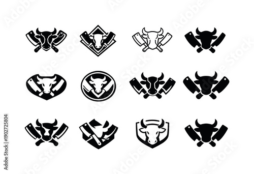 Meat department. Icon set. Set Logo of meat department: butcher shop emblem. harmonious logo variations of the same emblematic concept, each