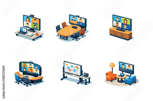 Remote collaboration. Isometric flat vector icons set of remote collaboration: virtual meeting screen setup, hybrid meeting room table, wall