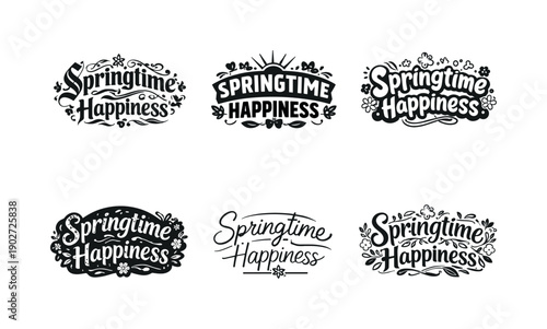 Springtime happiness. Set lettering. harmonious lettering variations of the same emblematic concept, each with different artistic