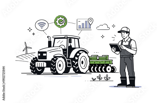 Agricultural machinery. Farmer inspecting a tractor or agricultural equipment using a tablet near the field. Theme of smart