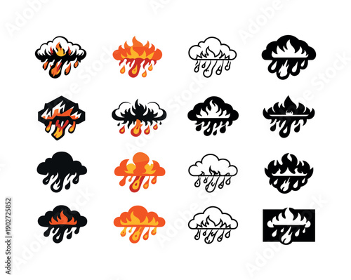 Fire Brimstone Icons. Fire and brimstone raining down. Icon set. Set Logo of Fire and brimstone raining down: clouds emitting fire. harmonious logo variations