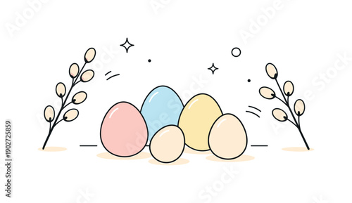 Easter decor minimal. Simple pastel-colored eggs and soft branches arranged with space and balance, expressing calm seasonal celebration.