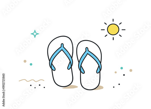 Beach footwear minimal. Flip flops paired with small abstract dots and lines suggesting sand and sun. Light, friendly seaside mood.