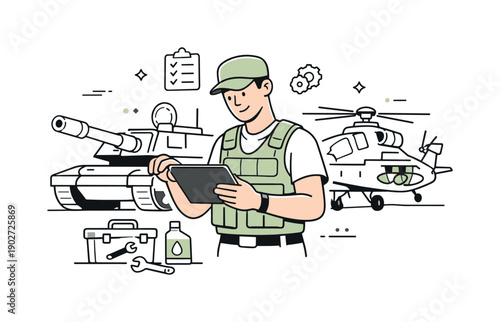Military hardware maintenance. A technician calmly inspecting equipment with a tablet, focused and methodical work. The