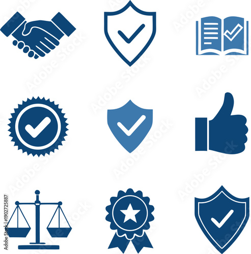 Modern solid vector icon set representing trust, security, protection, and quality assurance concepts. Includes handshake partnership, shield with check mark, approval badge, certificate book, thumbs 