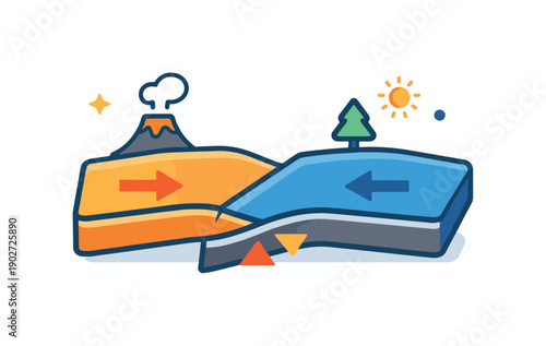 Earth science and geology expressed through tectonic plates gently shifting with arrows and markers, conveying movement, balance, and long