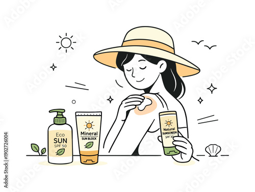 Natural sunscreen bottles. Person applying sunscreen from a natural bottle in a calm editorial scene. Theme of self-care, protection, and