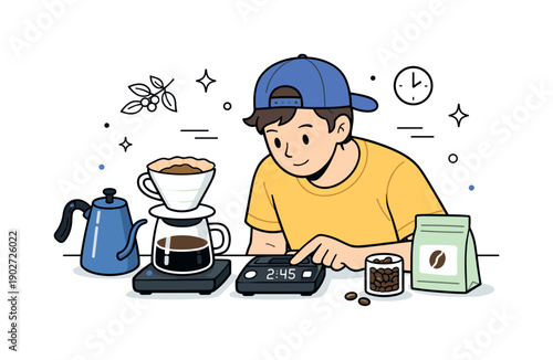 Coffee enthusiast pour-over setup. A focused character adjusting a scale and timer next to a dripper, attention to detail and specialty