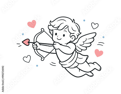 Cupid line drawings. A flying cupid with small wings spread wide, surrounded by simple heart icons. The illustration conveys lightness, joy,