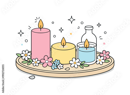 Pastel Spring Candles. Spring candles pastel. A soft still life with pastel-colored candles arranged on a tray with small spring flowers, evoking calm seasonal