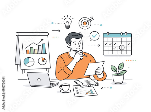 Independent business lifestyle. A small business owner reviewing sales stats and notes in a relaxed environment. Thoughtful planning mood