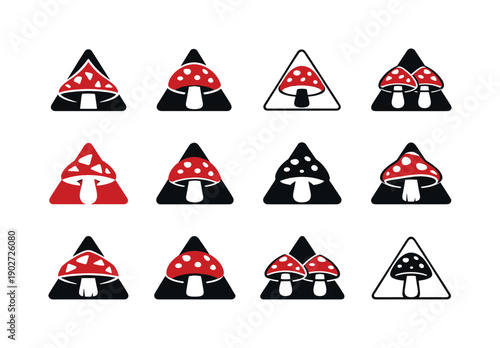 Fly agaric. Icon set. Set Logo of Fly agaric: poisonous mushroom warning symbol. harmonious logo variations of the same emblematic concept,