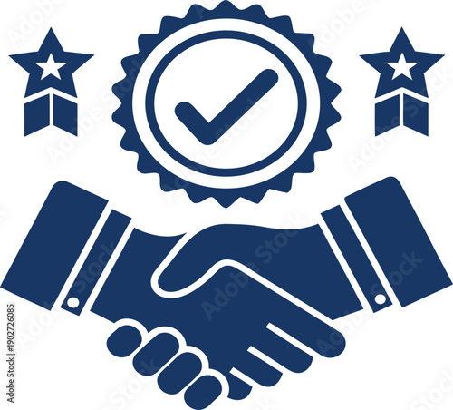 Premium verified business agreement icon vector illustration featuring handshake, check mark badge and star symbols. Modern flat minimal design suitable for trusted partnership, certified service, 