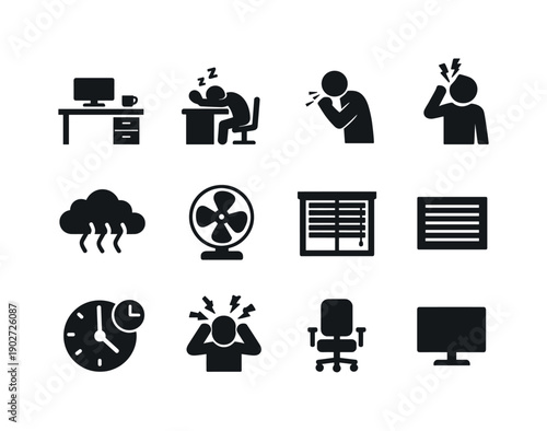 Workplace Health Icons. Workplace Health. Solid icon set of Workplace Health: office desk, tired worker, coughing person, headache symbol, stale air cloud,