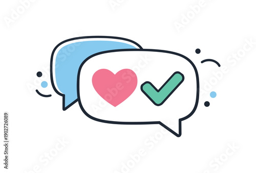 Mental health support icons. A speech bubble with a heart and checkmark icon, representing safe space and open conversation. The mood is