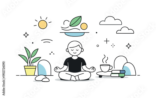 Mindful spring morning. Slow and relaxed start of the day, gentle sunlight and fresh air feeling. Minimal scene with plants, soft clouds, and