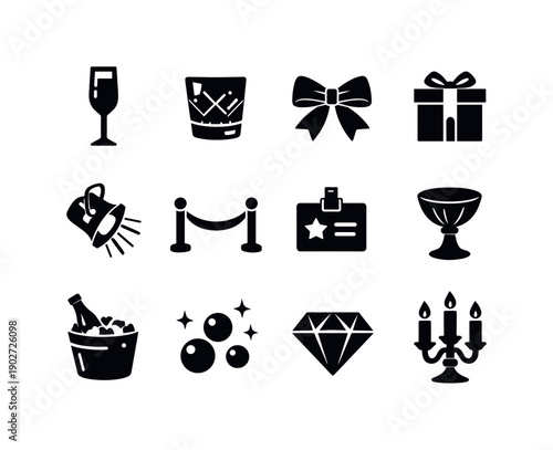 Luxury Party. Solid icon set of Luxury Party: champagne flute, crystal glass, gold ribbon, luxury gift, spotlight, velvet rope, VIP badge,