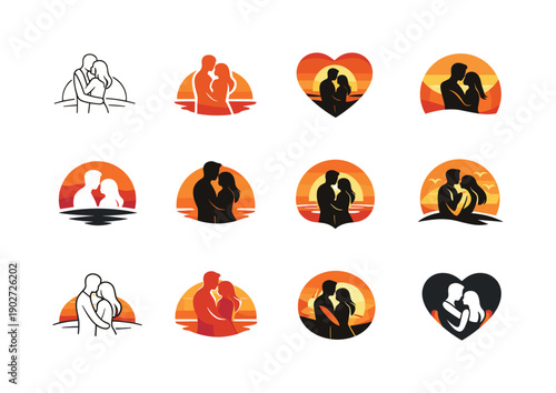 Romantic photography for couples. Icon set. Set Logo of Romantic photography for couples: sunset couple embrace outline. harmonious logo