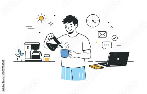 Work-life boundary transitions at home. Morning routine scene where a person prepares coffee before opening a laptop, balancing personal