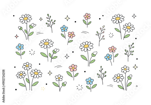 Field flowers pattern. Simple daisies, grasses, and small blossoms arranged with generous white space. Gentle pastoral atmosphere inspired by