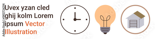 Time management, creativity, home design, innovation, productivity, organization. A clock, light bulb and house icon visually presented. Time management and creativity symbols for dynamic concepts