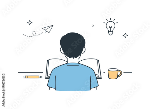 Focused Tranquility. Mental clarity and focus. A person looks at a single open notebook or screen while the surrounding space remains empty and calm. The scene