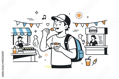 Street food tasting moment. A person sampling food while standing near vendor counters, gentle crowd flow in the background. Easygoing urban