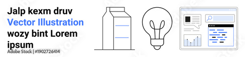 Product design, digital innovation, packaging, creativity, energy ideas, and online tools. Simple milk carton, light bulb and web interface. Creativity and digital innovation concept
