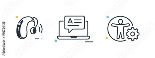 Assistive tech minimal icons. A clean set of icons representing hearing aids, screen readers, and accessibility settings, evenly spaced and