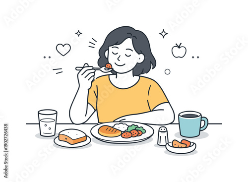 Eating without diet culture. Person enjoying a simple meal at a table, relaxed posture and calm expression. Everyday nourishment and comfort
