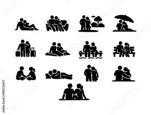 Couple Leisure Icons. Couple Leisure. Solid icon set of Couple Leisure: couple resting, couple chilling, couple outdoors, couple shade, couple vacation, couple
