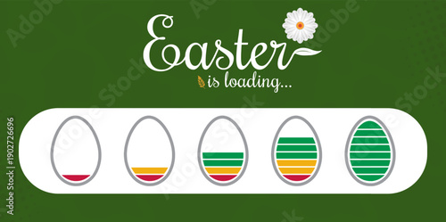Easter is loading greeting banner with egg progress bar. Holiday countdown illustration with daisy on green.