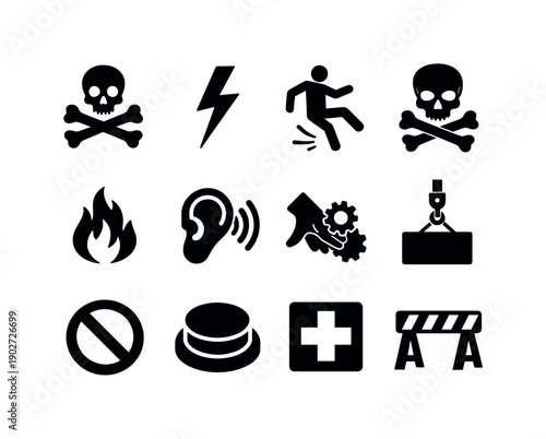 Workplace hazard warnings. Solid icon set of Workplace hazard warnings: danger symbol, electric shock sign, slippery floor icon, toxic