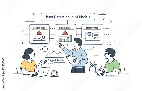 Bias detection in AI models. A calm tech workshop scene with participants reviewing flagged bias indicators in a model interface, expressing