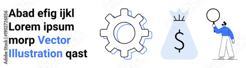 Gear for productivity, money bag symbolizing finance, and person with speech bubble for communication. Ideal for business, finance, teamwork, innovation, planning, engineering and simple landing