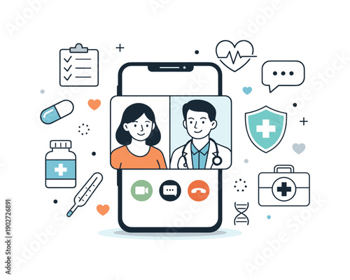 Telemedicine illustration pack. A smartphone with a video call interface connecting a patient and a healthcare professional, with simple