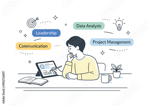 Skill mapping visuals. Editorial-style workspace with tablet and floating skill tags, calm review process highlighting personal development