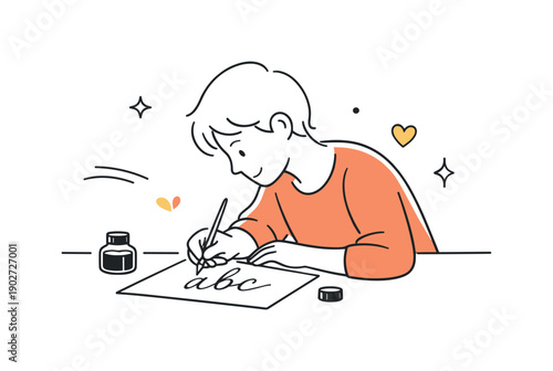 Calligraphy practice. A side view of a person leaning over a desk, practicing letters with a pen and ink bottle beside them. Calm focus and