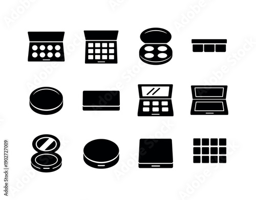 Makeup Palette Icons. Makeup Palette. Solid icon set of Makeup Palette: cosmetic palette, square palette, round palette, eyeshadow pans, blush pan, highlighter
