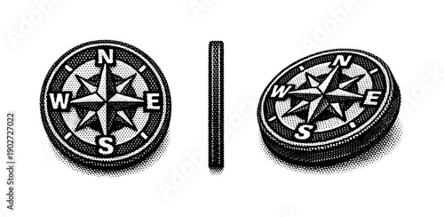 Black white halftone travel patch set compass patch A compass rose travel patch is shown as a single object from three different views: front