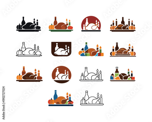Thanksgiving Dinner Logos. Thanksgiving dinner. Icon set. Set Logo of Thanksgiving dinner: festive dinner table. harmonious logo variations of the same