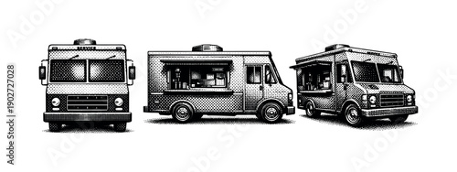 Food truck badge logo. A realistic food truck badge logo shown as a single object from three different angles: front view, side view, and