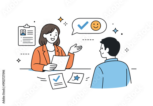 Positive Interview Feedback. job interview feedback. A recruiter smiling while giving feedback to a candidate, documents and small abstract stars floating