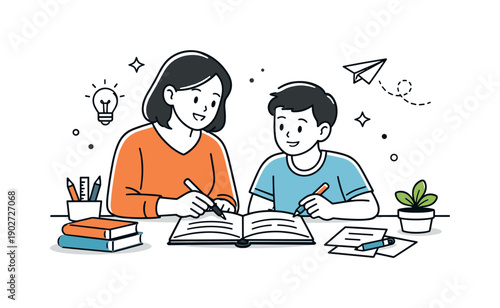 Tutoring and private lessons. A tutor and student sitting at a table, calmly reviewing notes together. Supportive learning atmosphere with