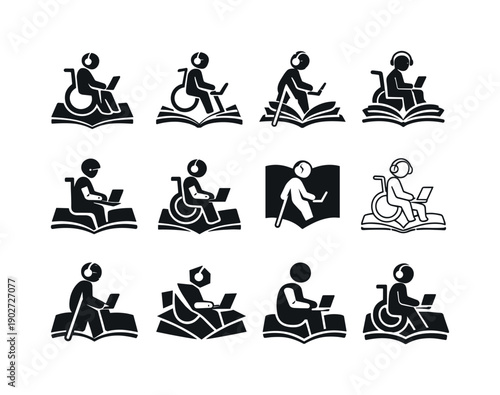 Inclusive education for students with disabilities. Icon set. Set Logo of Inclusive education for students with disabilities: student with