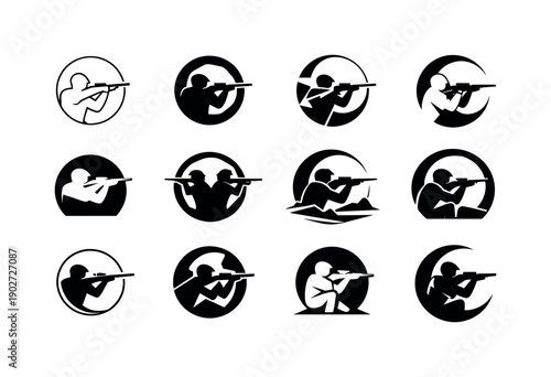 lunar hunters. Icon set. Set Logo of lunar hunters: silhouette of figure aiming under full moon. harmonious logo variations of the same